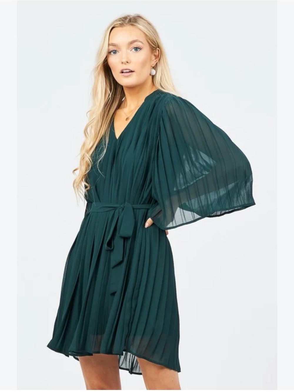 entro Deep Green Pleated V-Neck Long Sleeve Belted Dress
